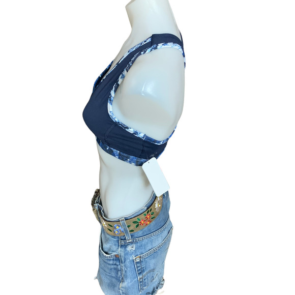 Splendid Blue Sports Bra XS Python Plunging Strappy Back Medium Support NEW - Picture 4 of 8